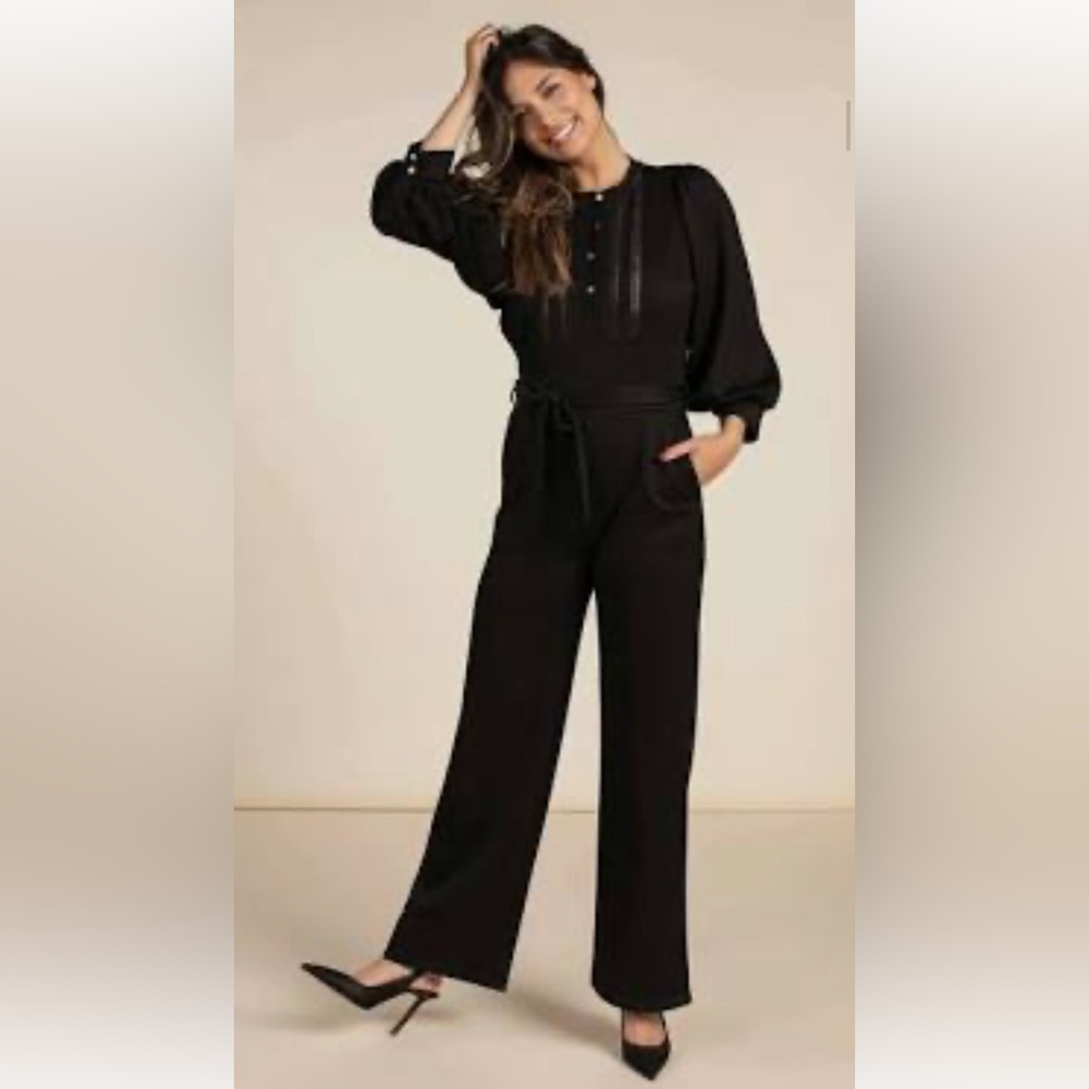 AAIKO Black Chic Mounia Jumpsuit (size M) with Wide-Leg and Puff Sleeves